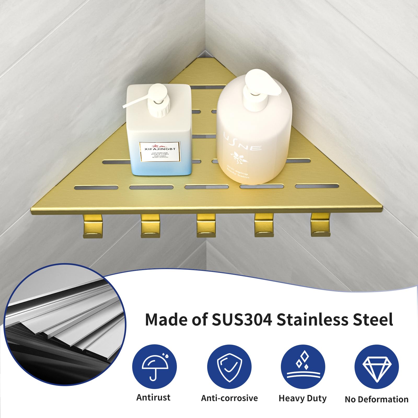 Estantería esquinera de Ducha con Ganchos de Acero Inoxidable 304, para Paredes de Azulejos, empotrable, para renovación de baño,el Dorado | Estante de ducha de 25,4 cm para renovación de baño, estante de esquina para pared de azulejos, color dorado