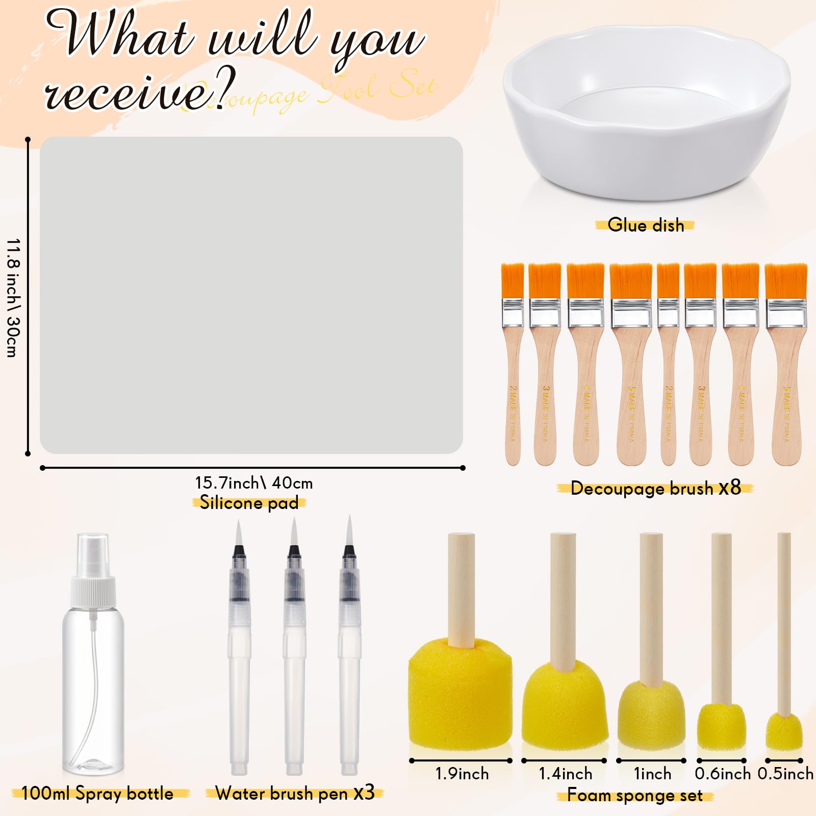 Crtiin 19 Pcs Essential Decoupage Tool Set, Include Silicone Table Mat, 5 Foam Brush, 8 Decoupage Brush, 3 Water Pen, Glue Container Bowl, Spray Bottle for DIY Arts and Crafts Projects