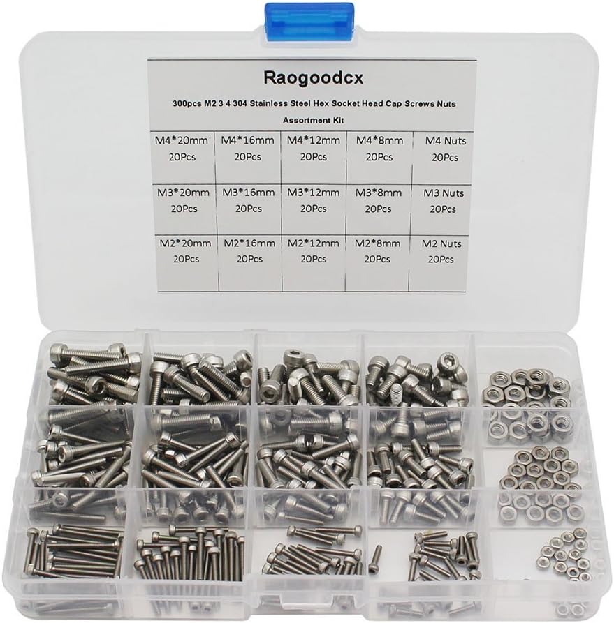 Raogoodcx 300pcs M2 M3 M4 304 Stainless Steel Hex Socket Head Cap Screws Nuts Assortment Kit (304 Stainless Steel)
