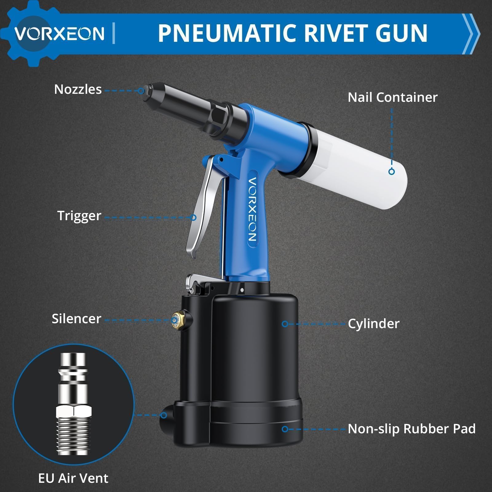 VORXEON Pneumatic Rivet Gun Set 5 Sizes (2.4mm/3/32"- 6.4mm/1/4"), 1780KGF Pulling Force - Image 4