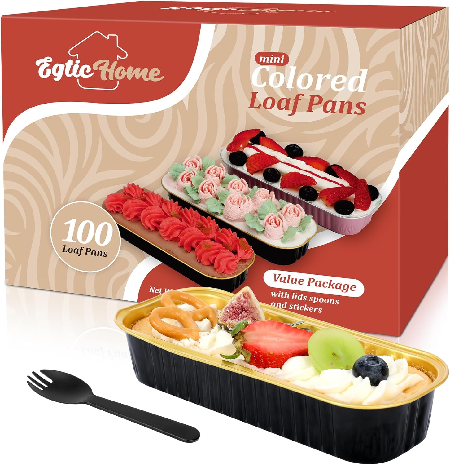 EgticHome Mini Loaf Pans with Lids and Spoons (100 Pack, Black-gold, 6.8oz) Rectangular Aluminum Foil Baking Pans