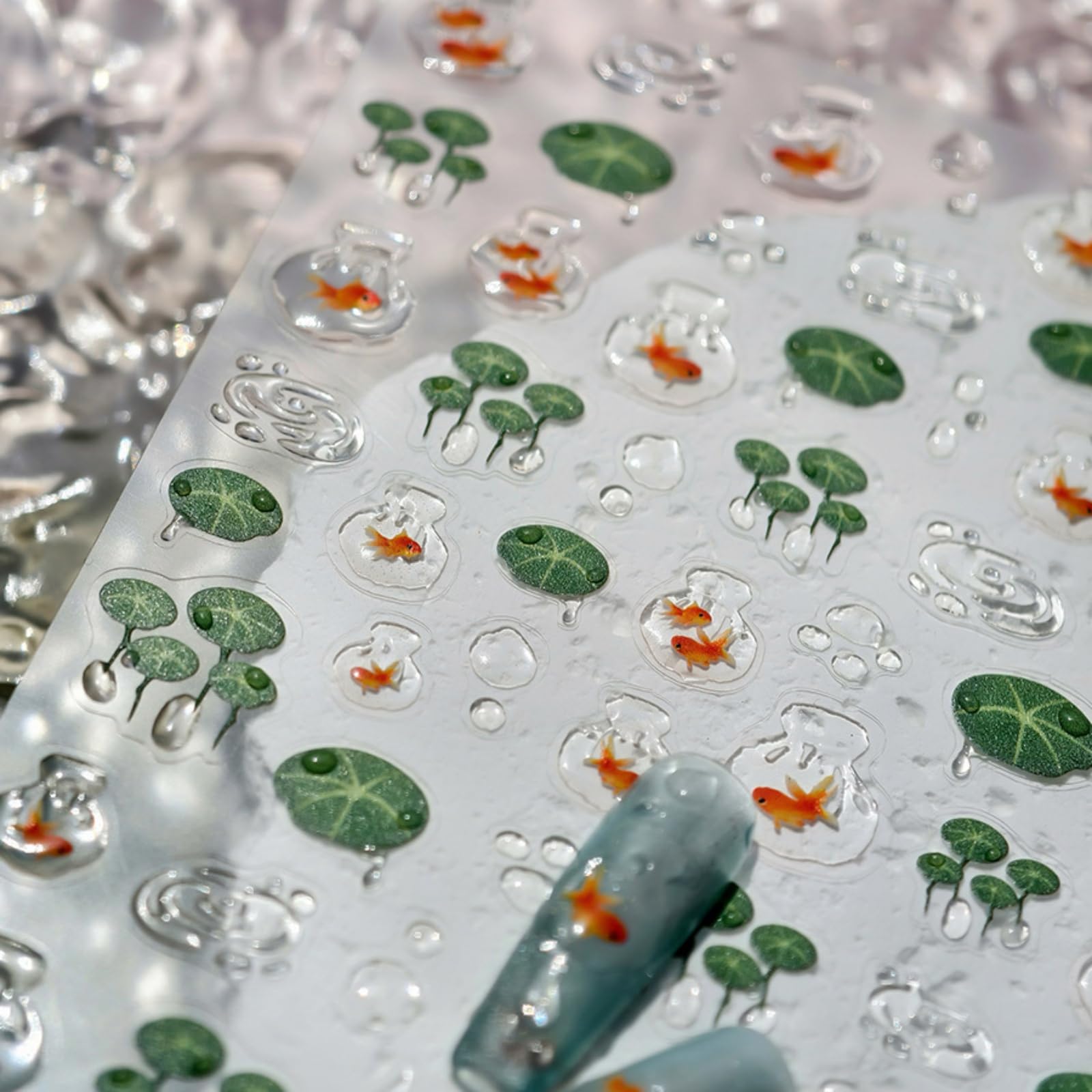 5D Embossed Goldfish Nail Stickers with Water Droplets Design Self-Adhesive Lotus Leaf Nail Art Decals for Women Manicure Decorations Supply