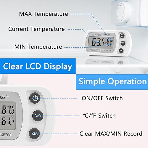Miniatura 2 de Lasubst Termómetro digital para refrigerador, paquete de 2 unidades para refrigerador, congelador, impermeable, color blanco