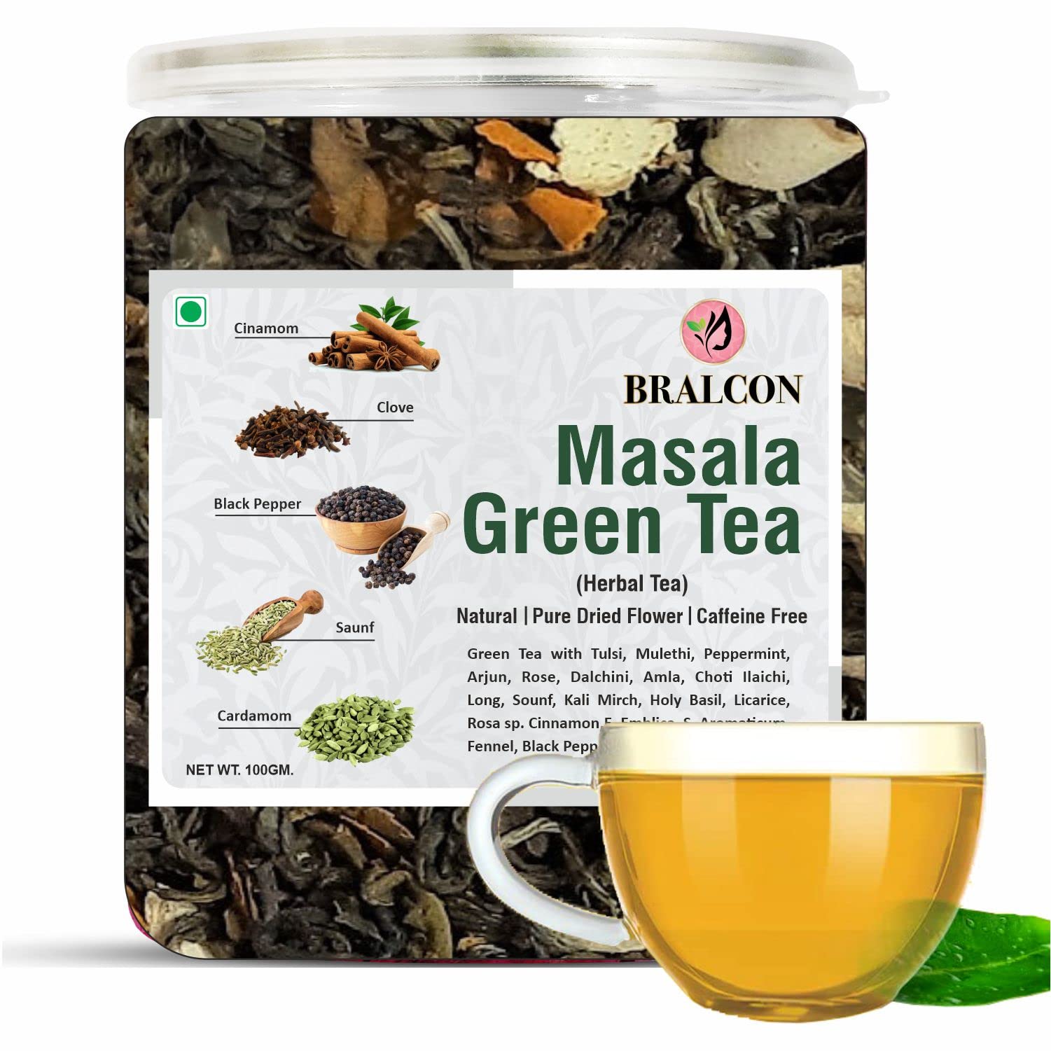 BRALCON Organic Masala Green Tea - 100g | Blended with Green Tea & Ayurvedic Herbs | Herbal Green Tea Leaves | Whole Green Tea Leaf (B0BPS3FD1W) Amazon Price History, Amazon Price Tracker