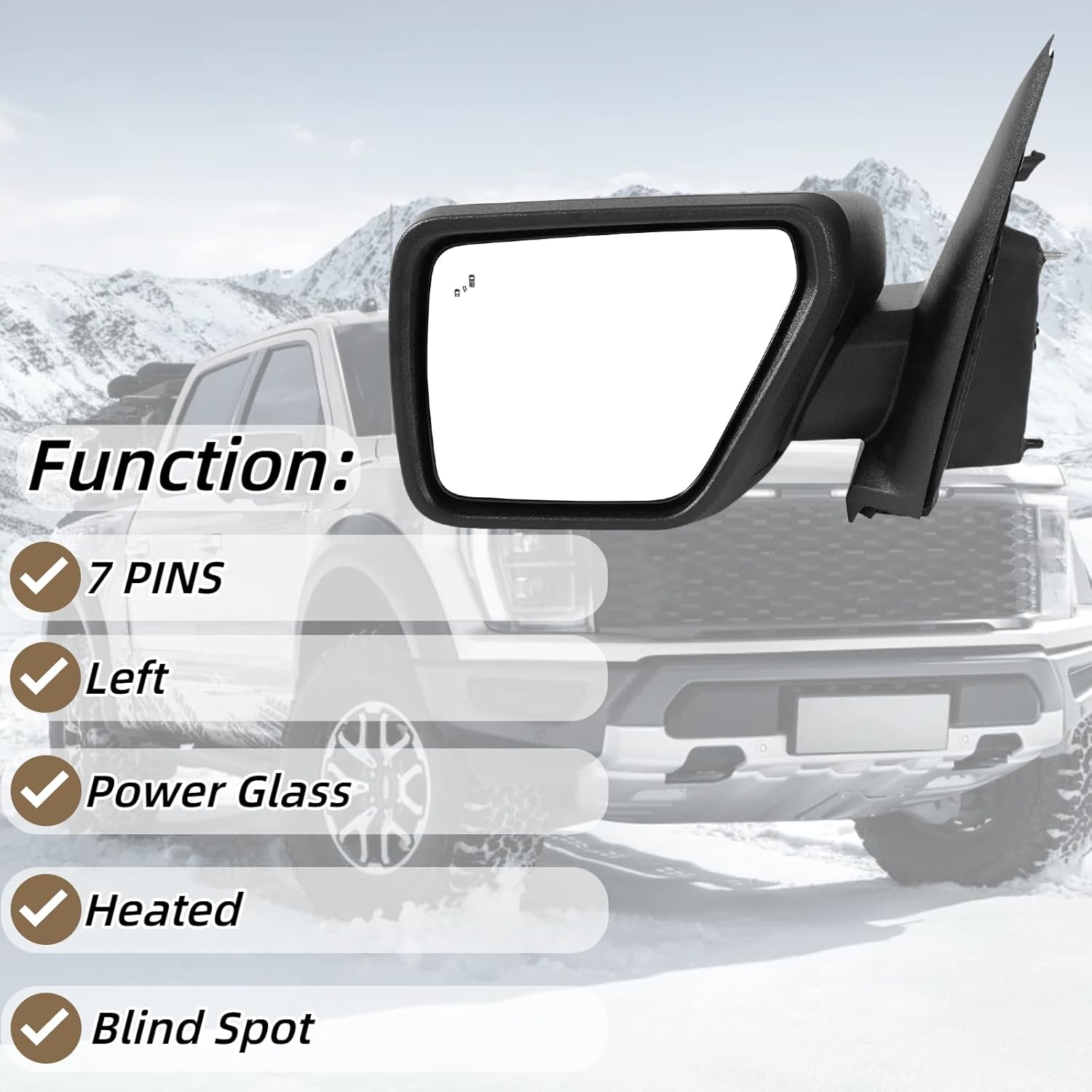Left Driver Side Door Mirror 7 PINS For Ford F150 2021 2022 2023 2024 with Heated Power Glass and blind spot Replace ML3Z17683VA