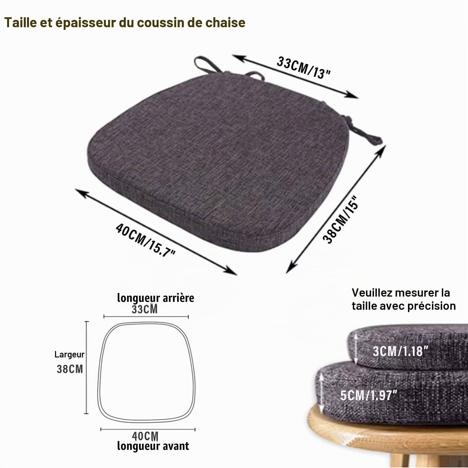 Lot de 4 Coussins de Chaise 40 x 38 x 3 CM,avec Sangles,Coussin de siège détachable antidérapant，Idéal pour la décoration de la Cuisine et du Salon,Vert Onyx