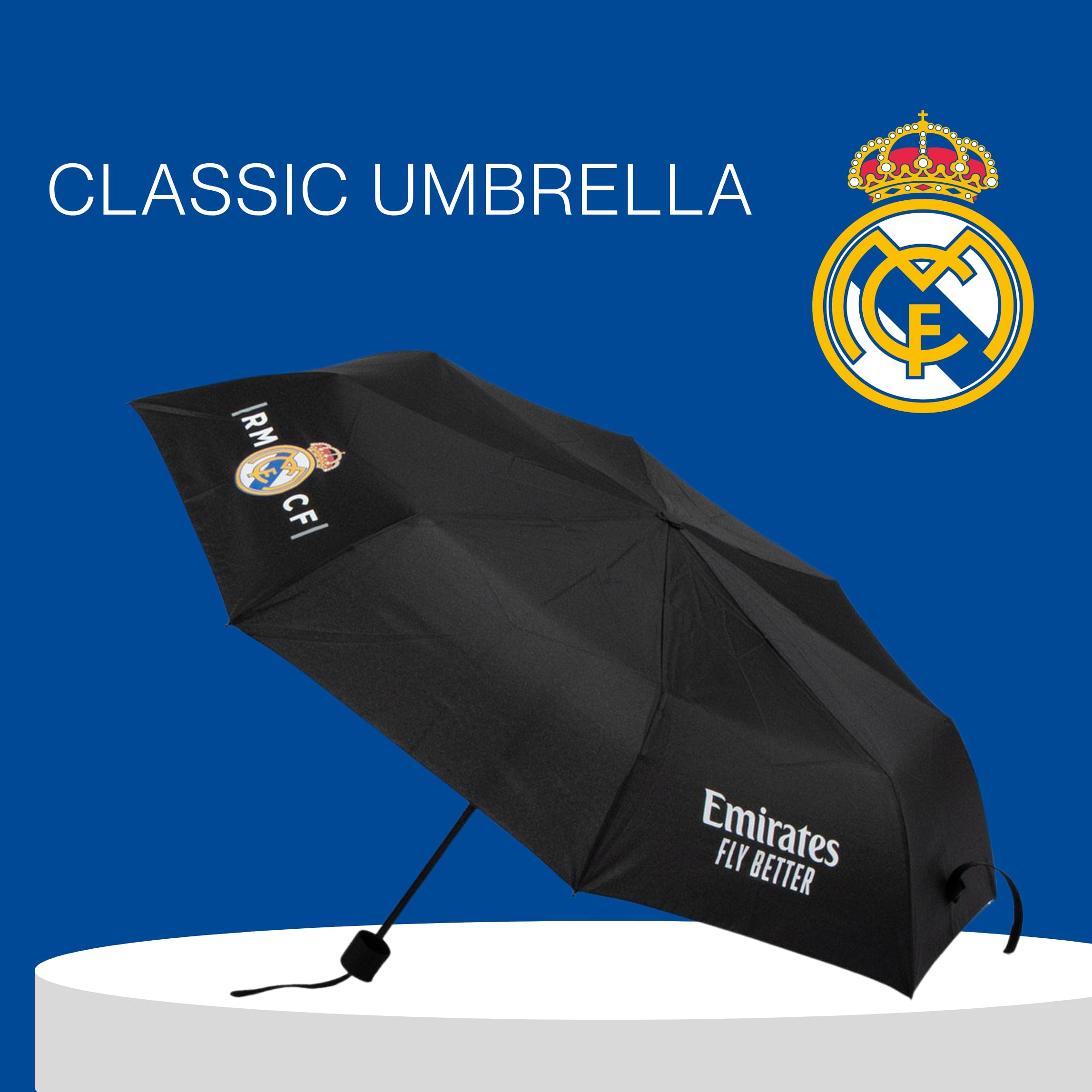 CF REAL MADRID Kompakter Faltregenschirm für Erwachsene, Hochfeste Konstruktion, Klassisches Design