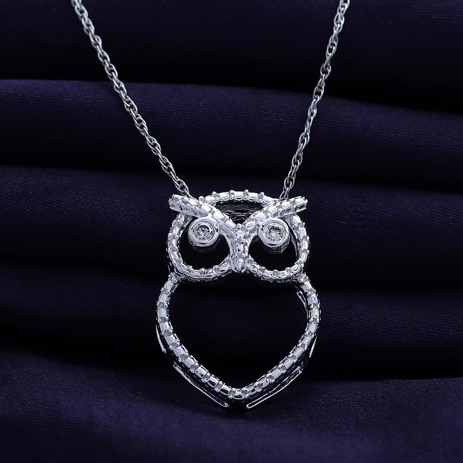 THE JEWEL ZONE Owl Pendant Necklace for Women, Round Cut Natural Diamond Accents in 14k Gold Over 925 Sterling Silver with 18" Rope Chain – Cute Animal Jewelry for Her
