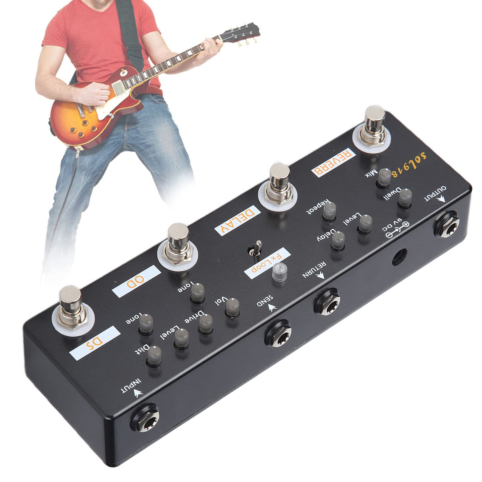Alomejor Pedal de Efectos de Guitarra, 5 Modos Reverb Delay Fx LOOP Distortion Overdrive con Carcasa de Metal True Bypass para Accesorios de Guitarra Eléctrica