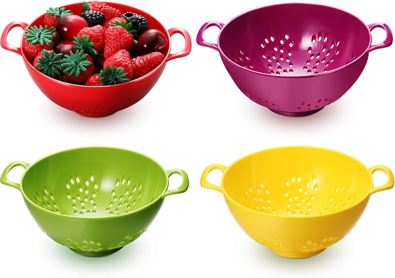 4 Pack Mini Colander for Kitchen Plastic Berry Strainer with Double Handles 7.5 x 6 x 3 Inch Small Colander Strainer for Fruits Vegetables Food (Lemon Yellow,Green,Purple,Red)