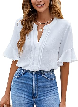 BMJL Womens White Blouses Chiffon Ruffle Short Sleeve V Neck Business Casual Tops Summer Cute Shirt