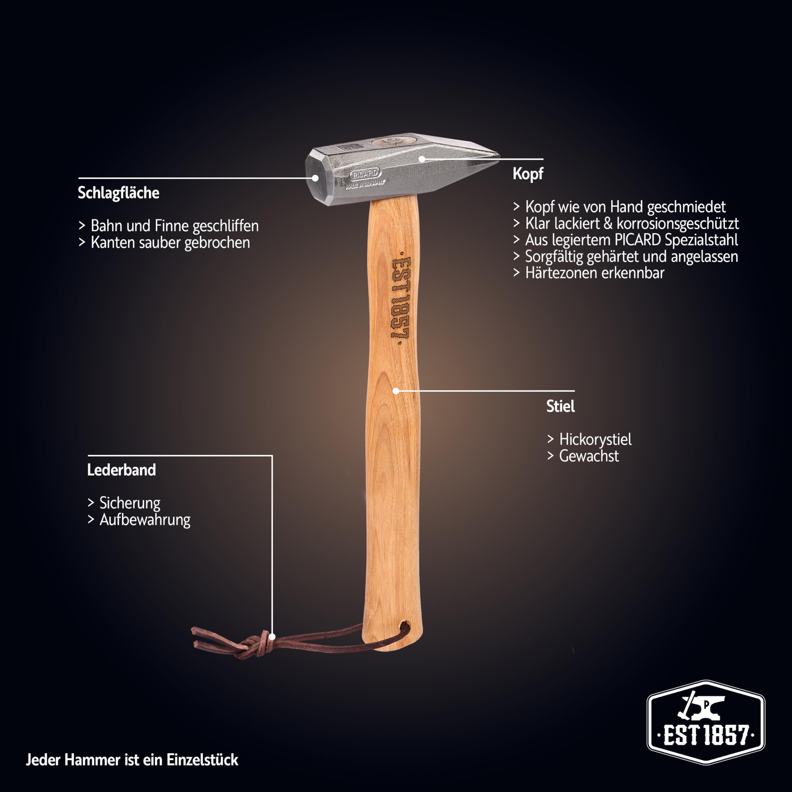 PICARD Martillo de cerrajero EST.1857, 800 g, el martillo para ti, martillo forjado con mango de nogal encerado, pista y aleta de precisión, martillo de cerrajero artesanal de 800 g