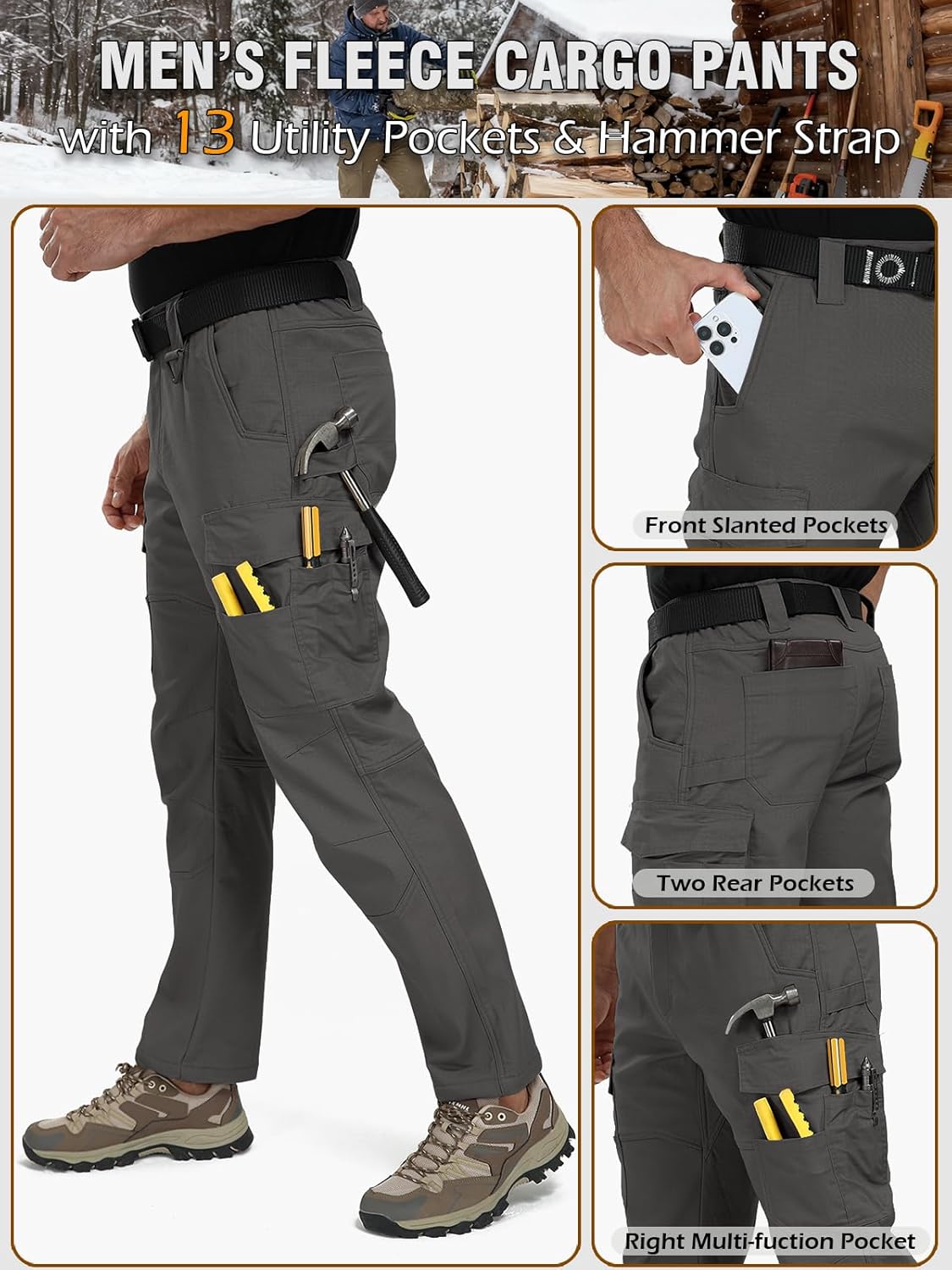 CARWORNIC Men's Ripstop Fleece Lined Tactical Work Pants Warm Water Resistant Flex Utility Cargo Skiing Hiking Pants - Image 4