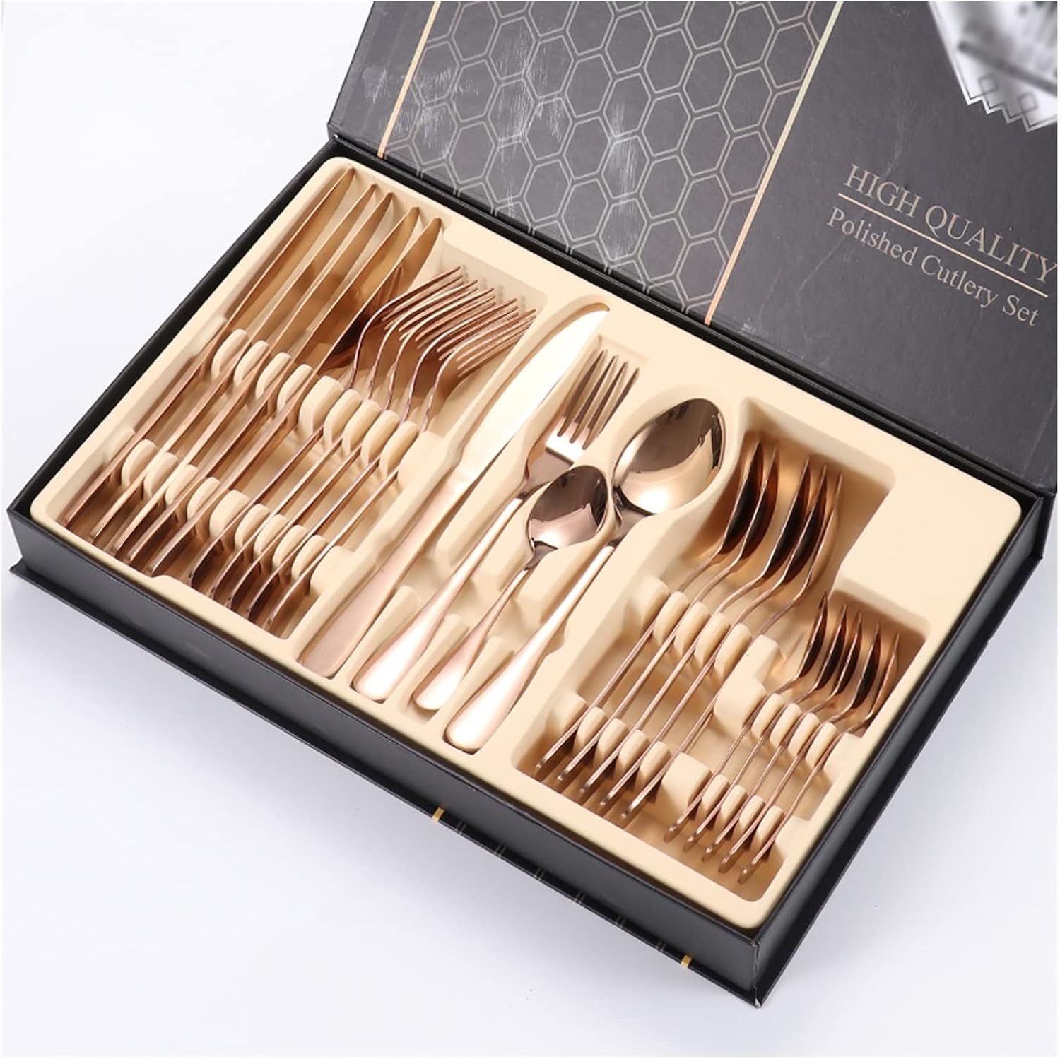 24-Piece Silverware Set, Tableware Cutlery Set for 6, Stainless Steel Utensils Service with Gift Box, Ideal for Holiday Dinners, Party Serving (E)