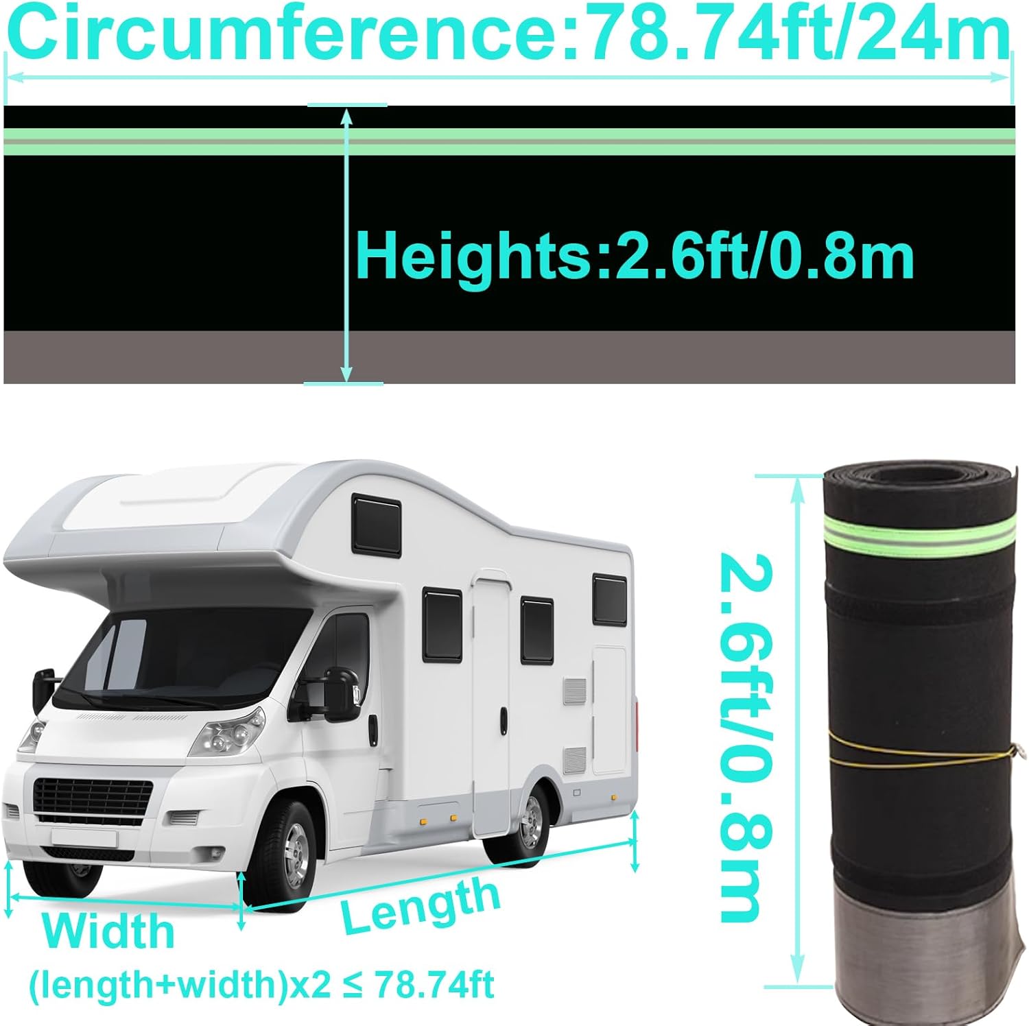RV Skirting for Travel Trailers & 5th Wheels, Easy Installation RV Skirt for Mobile Home Exterior, All Weather Waterproof Windproof Cold Weather Cover (Black, 2.6 x78.74 ft)