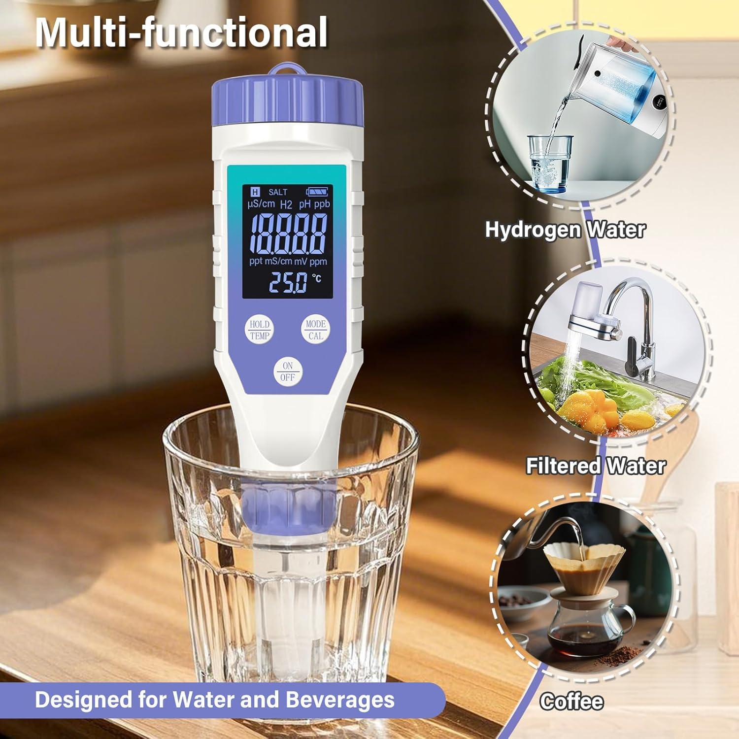Hydrogen Water Tester, 7-in-1 H2 TMEP EC TDS Salt pH ORP Meter for Hydrogen Water Bottle, TDS Meter Digital Water Tester for Drinking Water, Filtered Water, pH Tester for Juice, Coffee