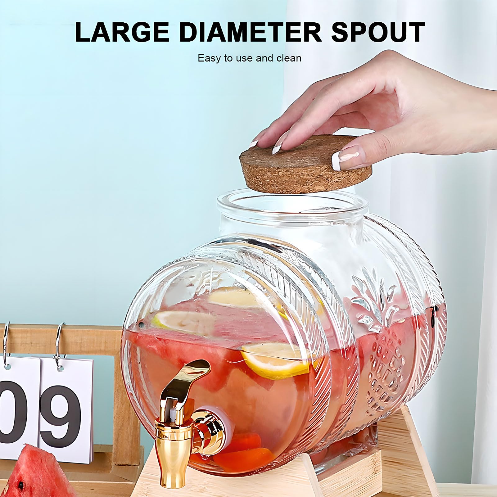 Dispensador de bebidas de vidrio con tapa de corcho de madera y soporte de bambú, grifo ABS para jugo, agua, té y bebidas, capacidad de 5 litros, perfecto para fiestas y eventos