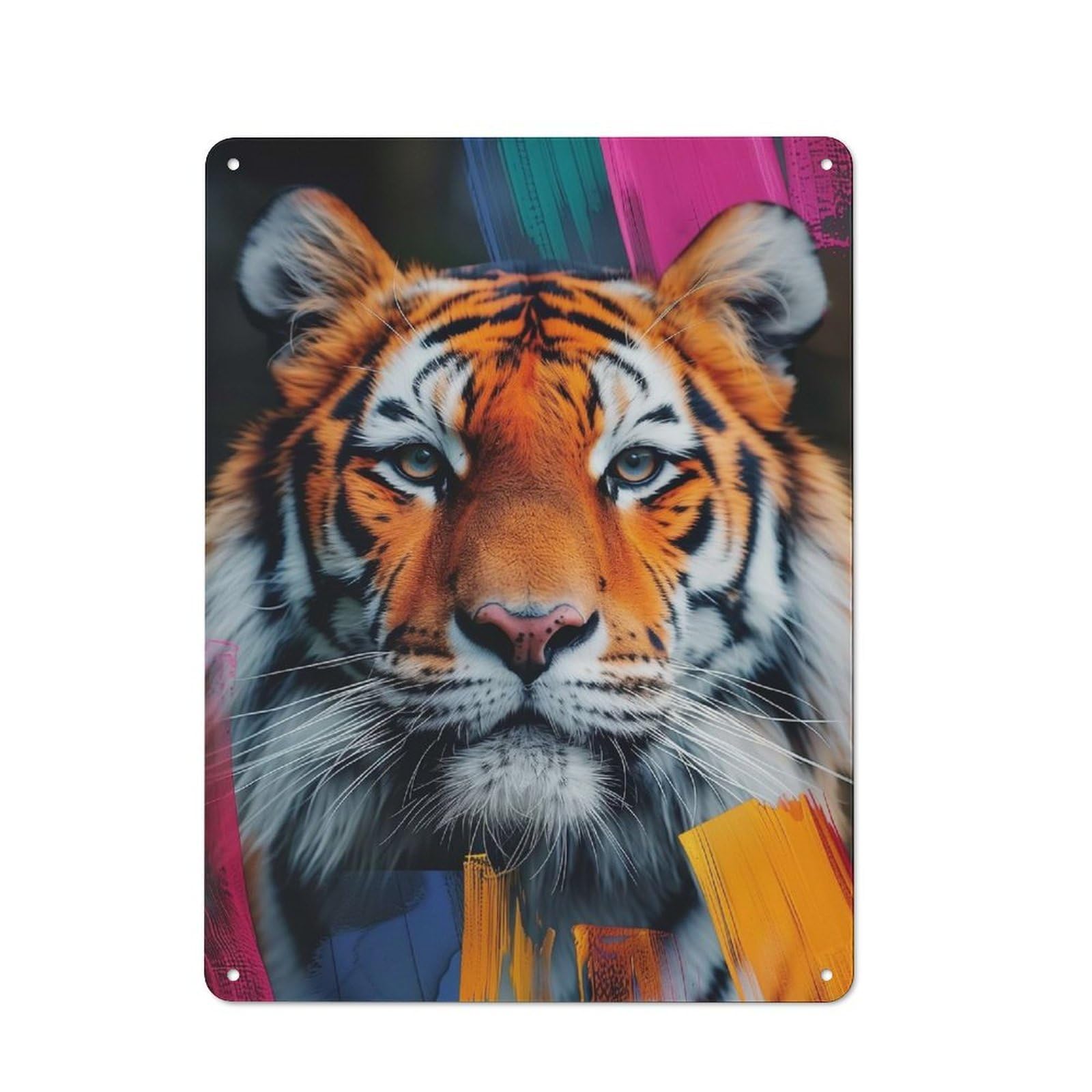 Tiger Portrait with Abstract Strokes Metal Gift Sign 40x30cm, Retro Home Wall Decor for Home, Shop, Pub Or Studio Wall