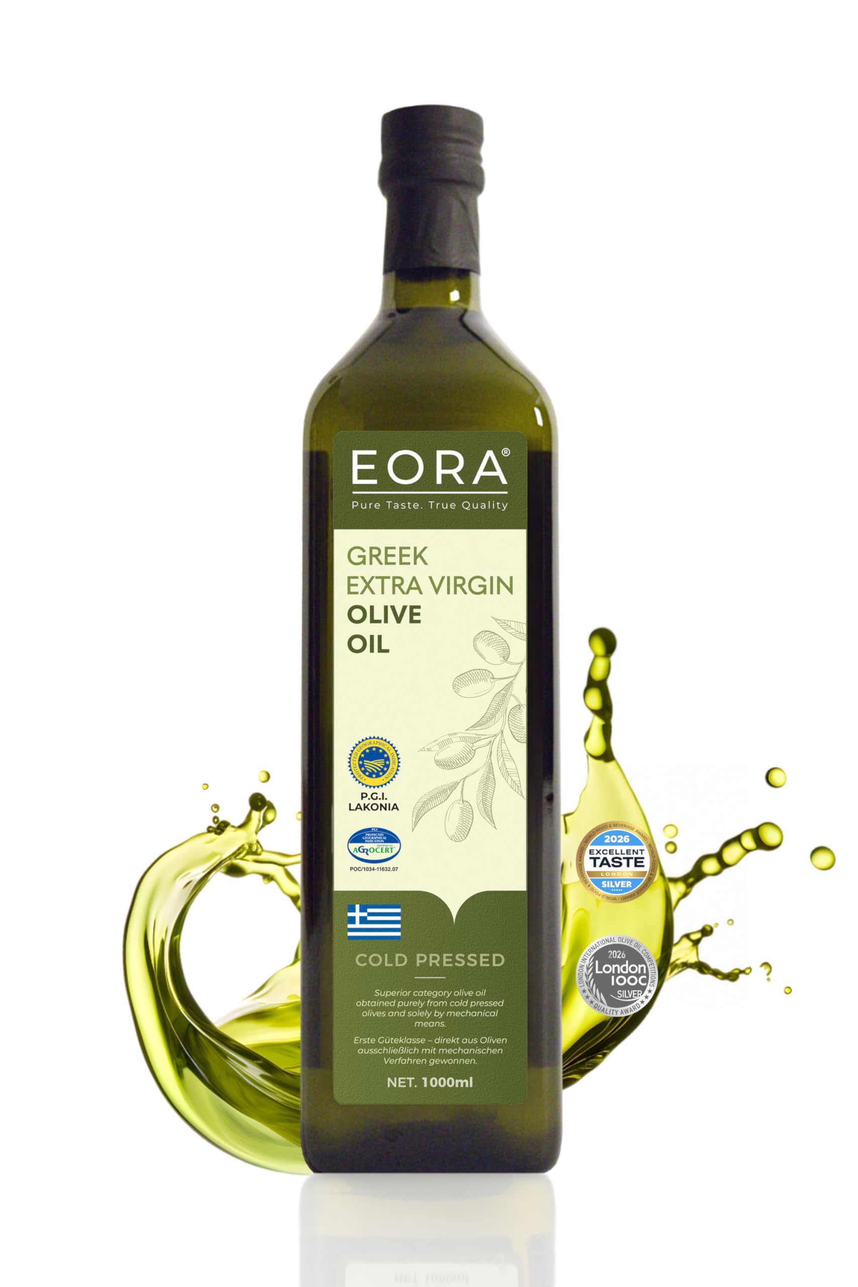 EORA Huile d’Olive Extra Vierge Grecque Premium 1L (Nouvelle Récolte 25/26) – Haute teneur en polyphénols, extraite à froid, très faible acidité ~0,35% – origine unique IGP Lakonie, Grèce