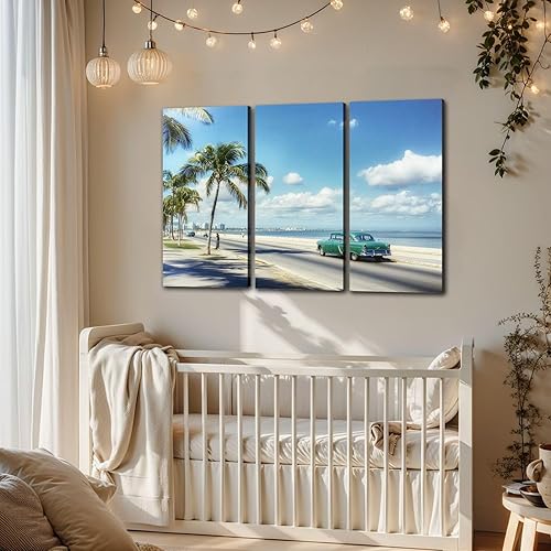 Miniatura 4 de 3 paneles de lienzo para pared, diseño vintage antiguo de auto verde malecon cienfuegos Cuba, póster impreso en lienzo, obras de arte para
