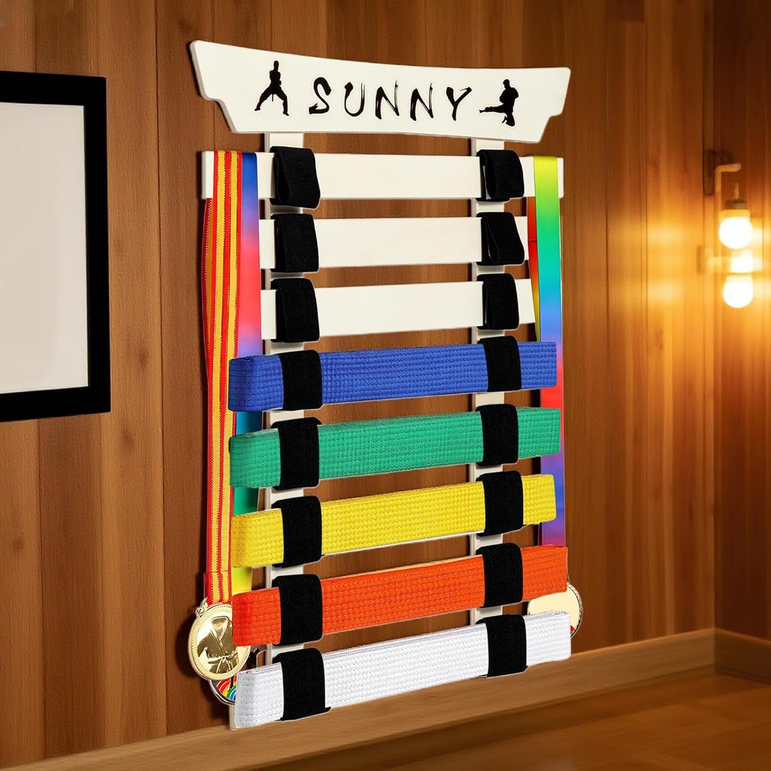 Karate Belt Display Rack, Karate Belt Organizer with Hanger and Stickers, No Assembly Required, Martial Arts Storage Rack with Durable Design, e