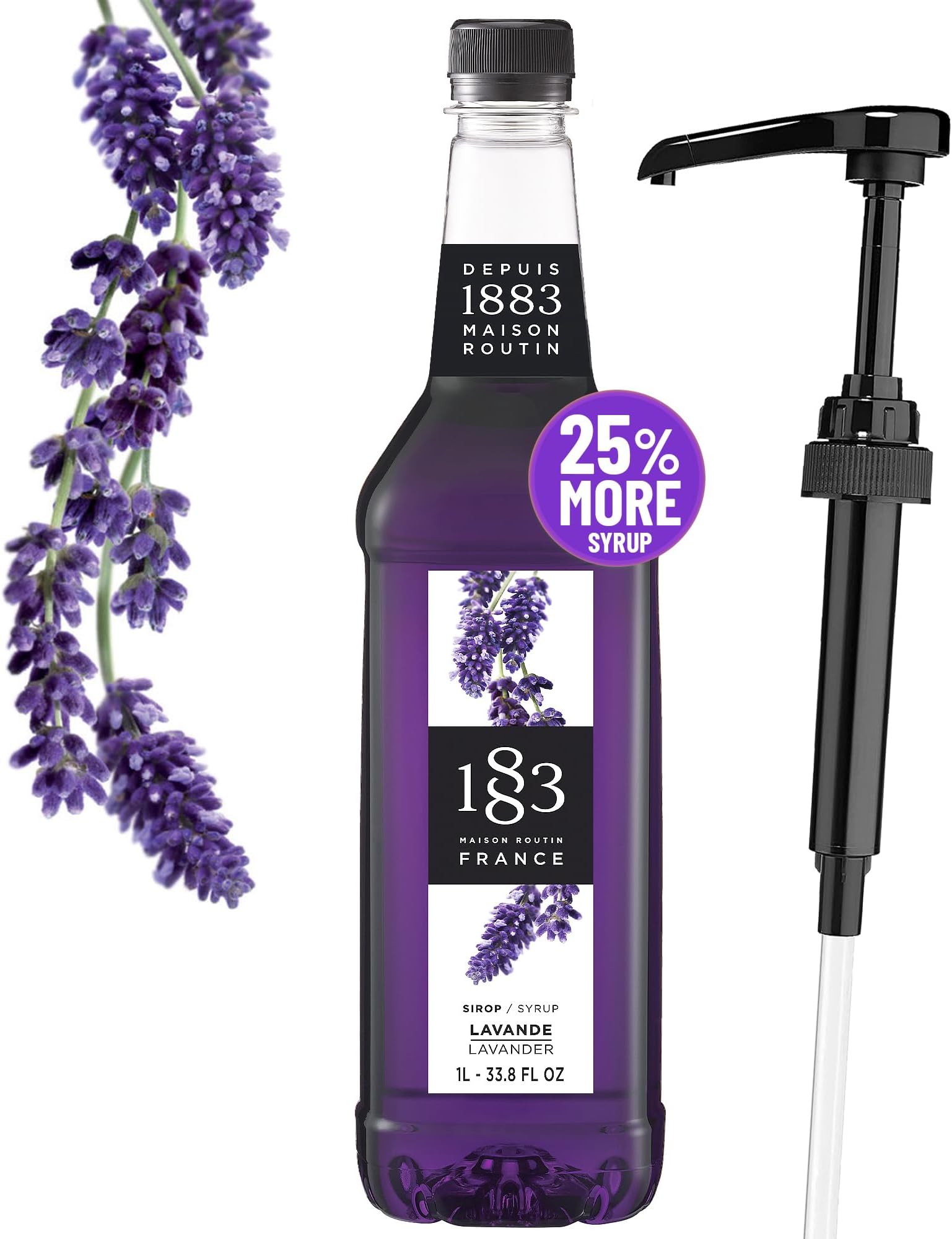 1883 Lavender Syrup for Drinks, Pump Included, Made in France, 1 Liter Plastic Bottle