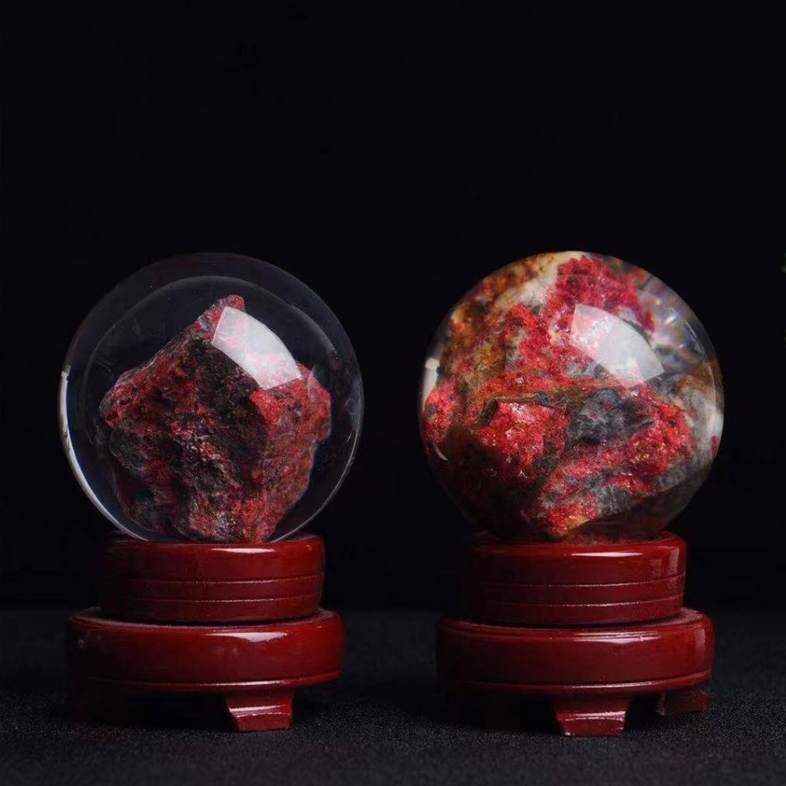Gran Bola de Cristal de curación - Sphere de ornamería de Cuarzo Natural Cinnabar - Decoración de Piedra Pulida con Soporte de Madera para la adivinación y decoración del hogar,10cm/3.9"