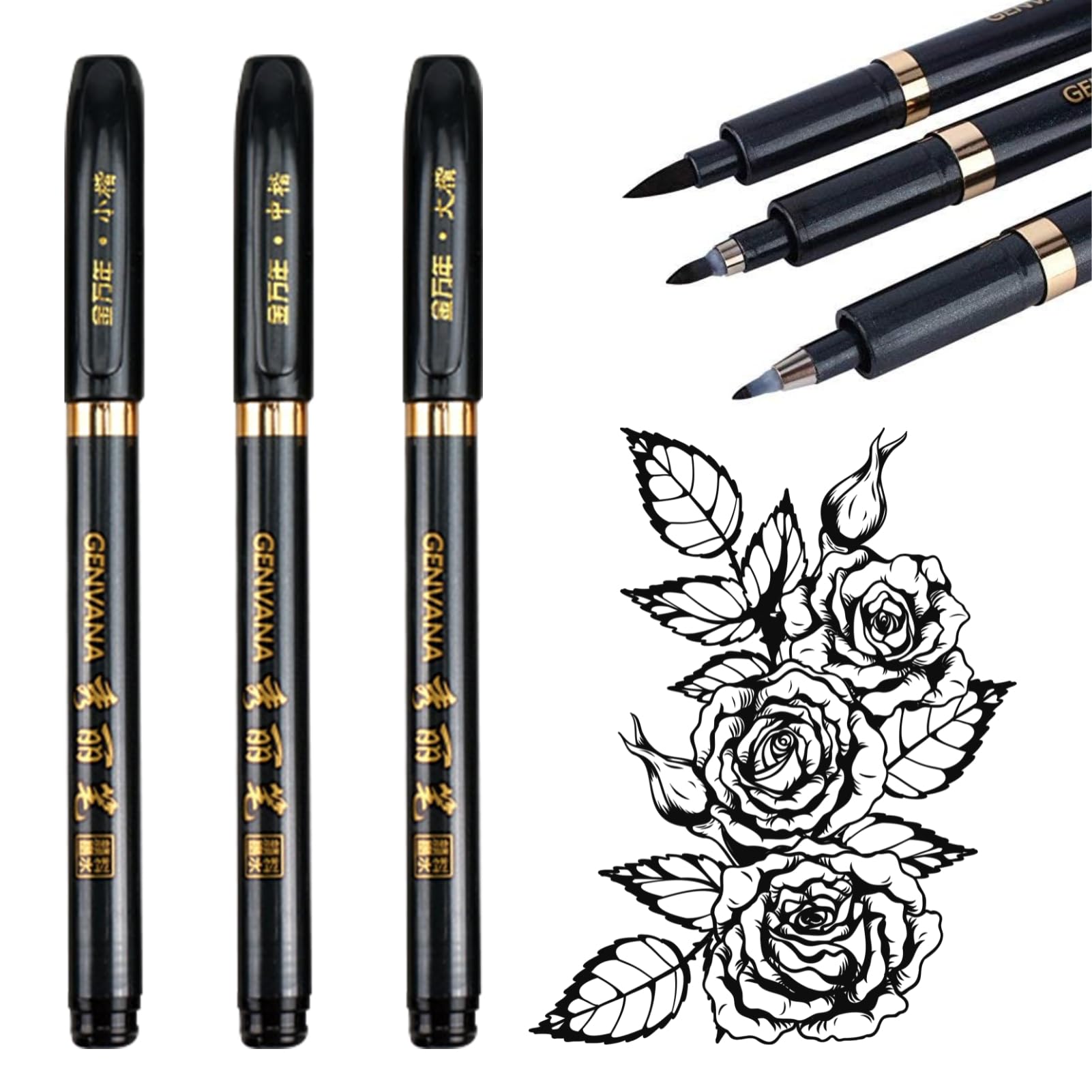Jadeshay Calligraphy Pen, 3 Pieces Ink Pen Brushes with Fine Felt Tip Calligraphy Pens for Writing Characters Manga Handlettering Signature Painting Sketch Drawing