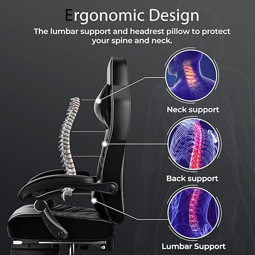 Miniatura 4 de POWERSTONE Silla de videojuegos con reposapiés y soporte lumbar, estilo carreras, piel sintética, ergonómica, ajustable, giratoria, color negro