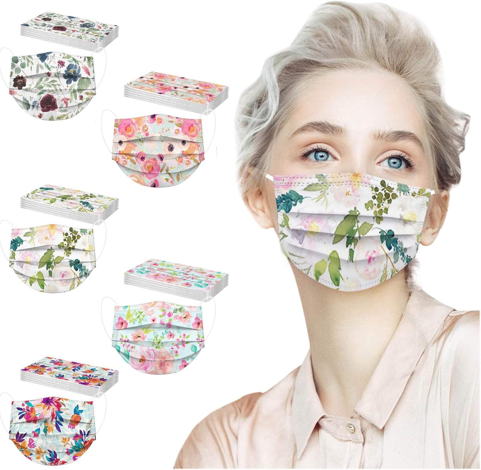 BOFFO 50 Pack Spring flowers Face_Masks with 3 Layer Face Filter with Elastic Earloop, Breathable with Floral Print for Adult