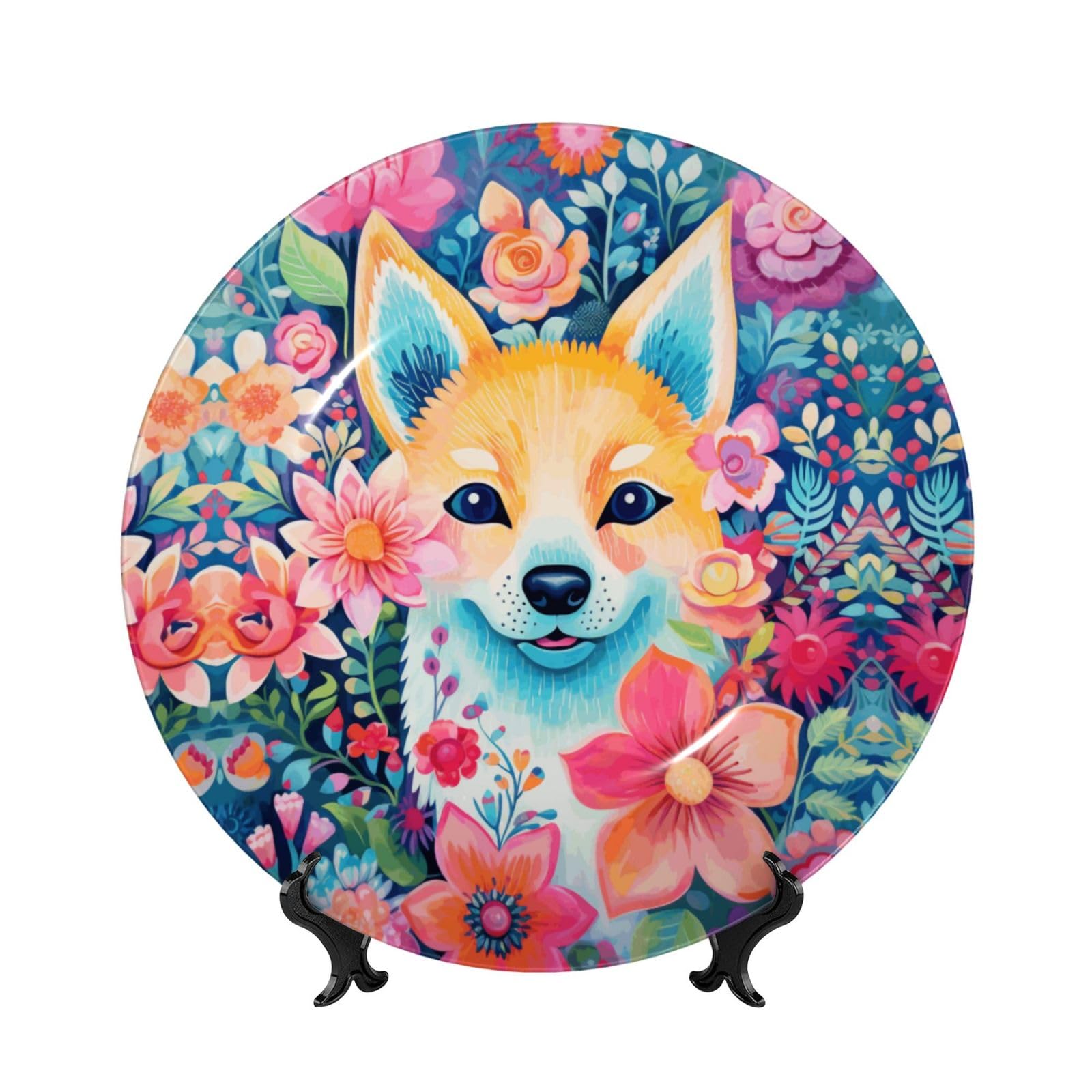 SXZVVBN Fox surrounded by flowers Bone China Decorative Plate Art with Stand Removable Adhesive Hanging for Home Office 7in