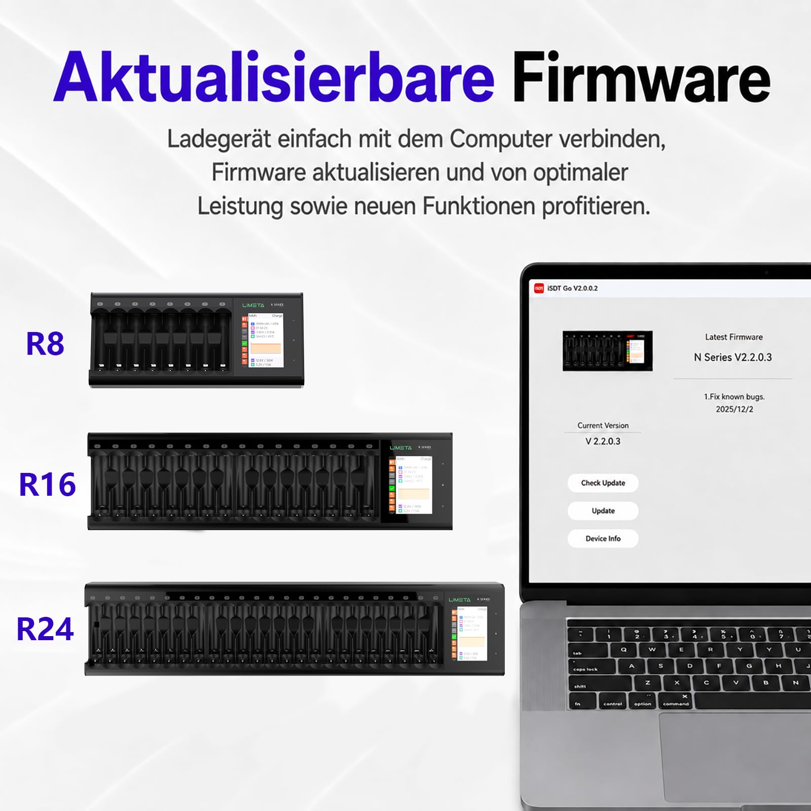 LIMETA R8 AA/AAA Akkuladegerät 8-Fach mit Analysefunktion | Laden, Entladen, Analyse und Reaktivierung; einstellbarer Ladestrom bis 1,5 A; kompatibel mit NiMH, NiCd, NiZn und Li-Ion