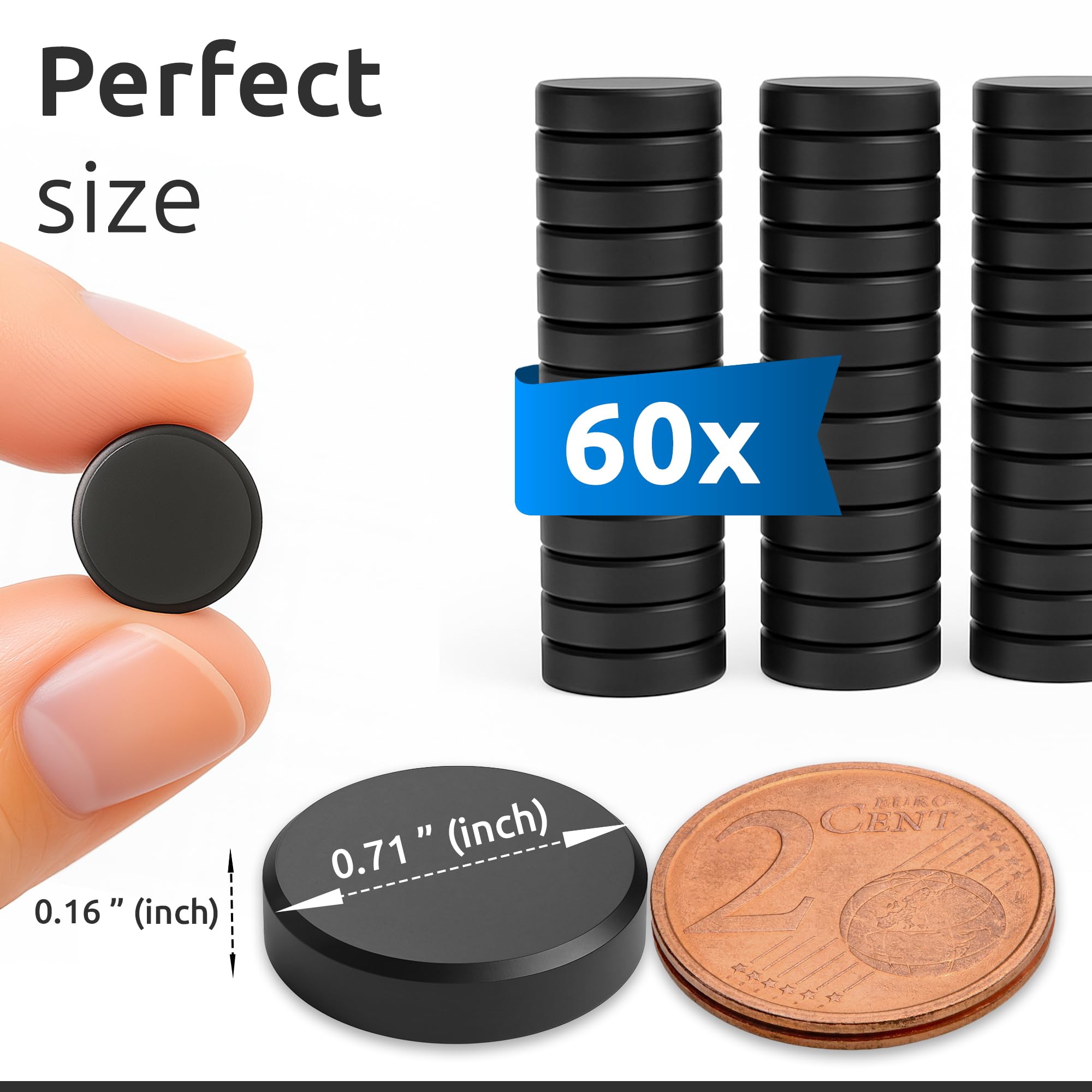 ECENCE Magnesy Ferrytowe, Mocne do Lodówek, D18x4mm, 60x do Tablicy Magnetycznej, Okrągłe w Tym Kropki Samoprzylepne