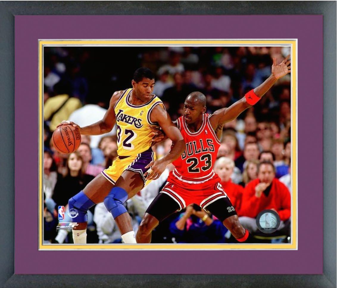 Magic Johnson Los Angeles Lakers vs Michael Jordan Chicago Bulls Framed Photo - 8x10 (Purple/Yellow)