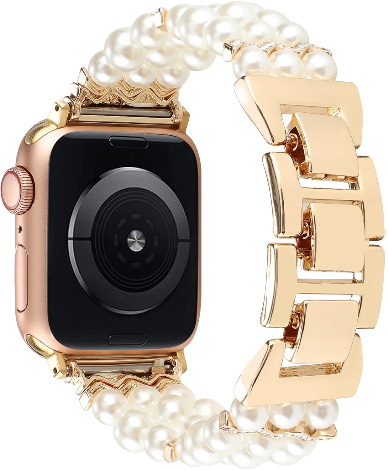 Adjustable Elastic Pearl Beaded Band Compatible with Apple Watch 38mm 40mm 41mm, Woman Chic Diamond Metal Chain Solo Loop Stretch Bracelet Strap Replacement for iWatch Series 9 8 7 6 5 4 3 2 SE - Image 4
