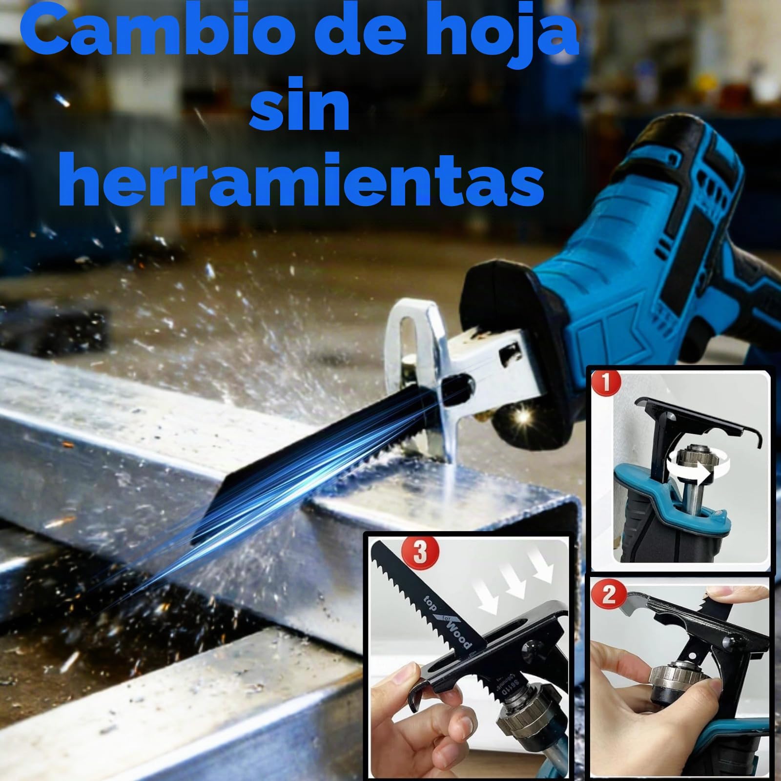 Eléctrica Sierra Sable Inalámbrica 21V con 2 Baterías Cargador 4 Hojas de Sierra, Motor Sin Escobillas con Luz LED, Sierra Alternativa de Velocidad Variable para Metal, Madera, Tubos de PVC y Corte