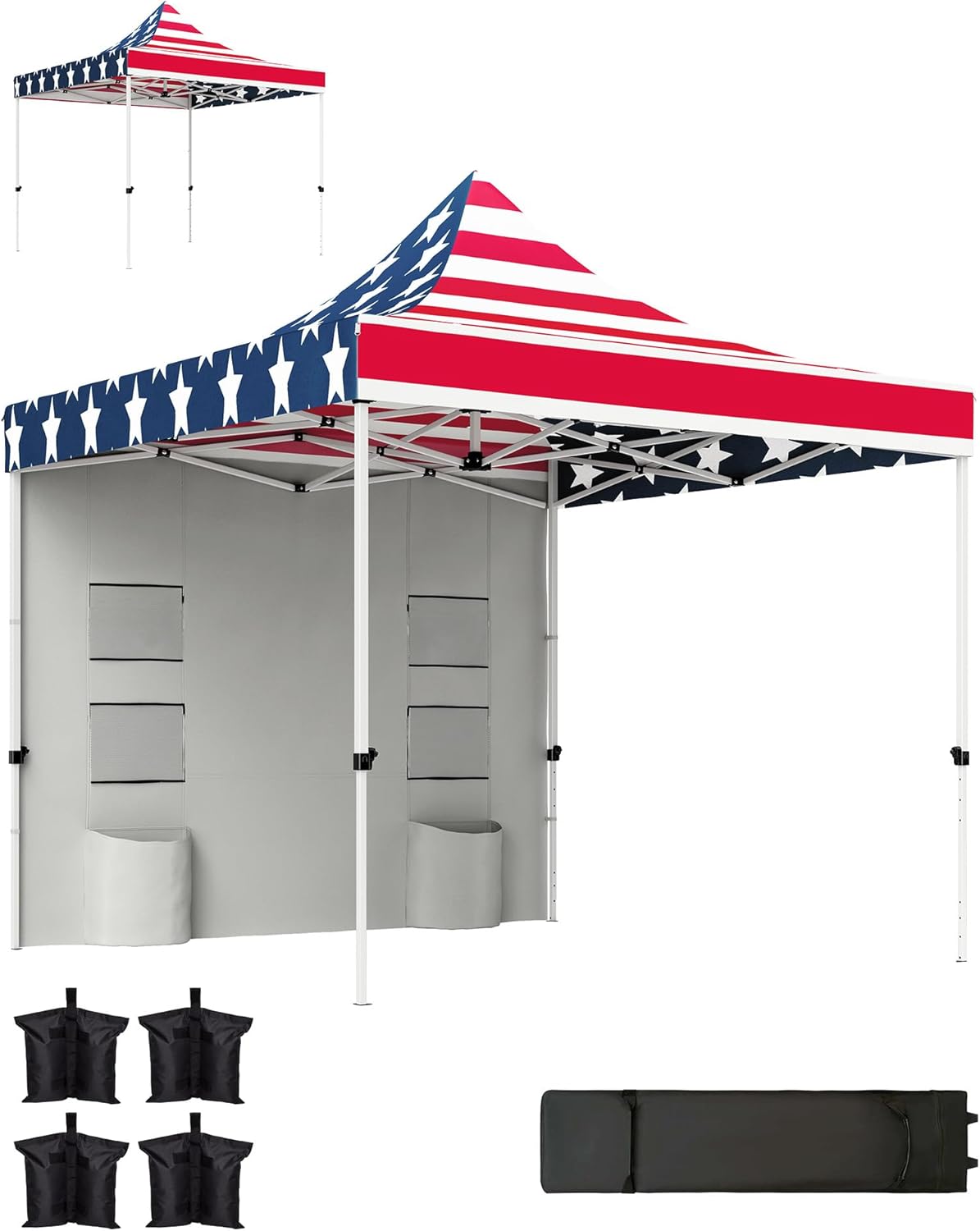 Outsunny 10' x 10' Heavy Duty Pop Up Canopy Tent with Sidewall and Trash Bags, UPF50+ Instant Sun Shelter, Height Adjustable, with Wheeled Bag, Sand Bags for Outdoor, Patio, American Flag Print