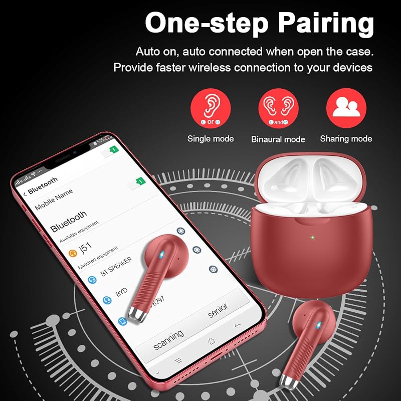 Wireless Earbuds, Bluetooth 5.4 Headphones in Ear with Noise Cancelling Mic, Bluetooth Earbuds Stereo Bass, IP7 Waterproof Sports Earphones, 32H Playtime USB C Charging Ear Buds Red for Android iOS image 5