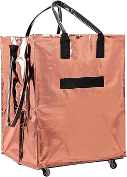 FAHKNS Reusable Grocery Bags On Wheels, Portable Rolling Tote Bag for Groceries, Folding Shopping Bag with Bottom Wheel and Handle for Travel, Laundry and Picnic, Support Up to 88 LBS, Rose Gold