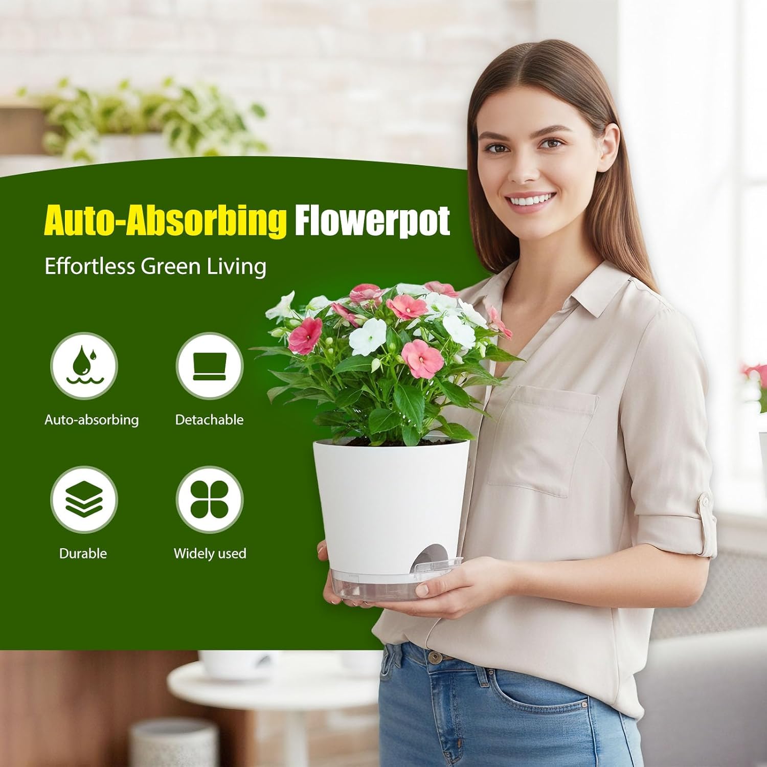 Plant Pots 8 Inch Self Watering Pots, 2 Pack Plastic Planters with Drainage Holes and Clear Saucers,Plastic Flower Pots for Indoor Out Door Plants(White)