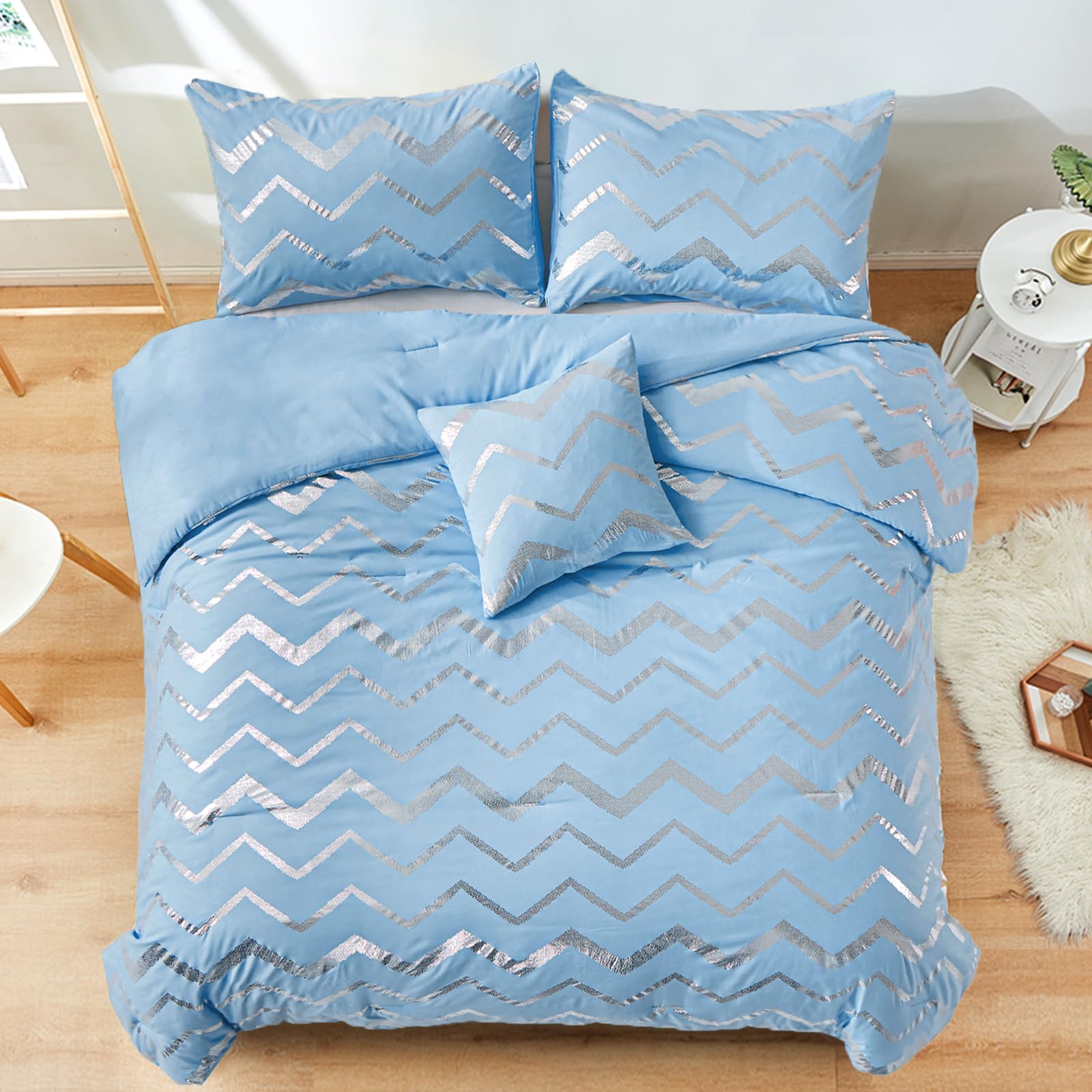 Menghomeus Blue/Silver Comforter Set Queen, Metallic Print Glitter Bedding Set Cute Shinny Bed Sets for Teen Girls Kids Women, 4 Piece (2 Pillowcases, 1 Decorative Pillow Sham)