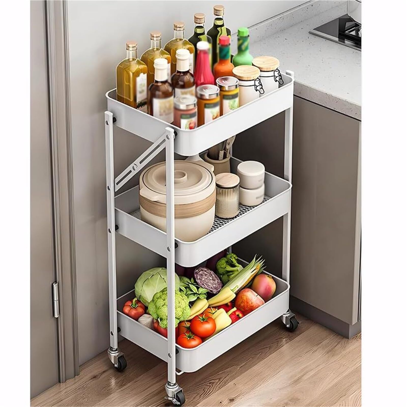 Carrito plegable de metal, estante de almacenamiento multifuncional de 3 niveles para cocina, oficina, baño, sala de manualidades, organizador de frutas y verduras, fácil movilidad