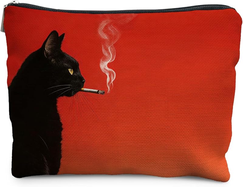 Necessaire de maquiagem UNCDLV com estampa de gato preto e zíper, 20,07 x 19,05 cm