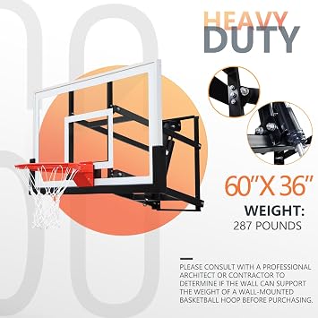 Basketball Hoop Garage Wall Mounted Adjustable-Height, with 60''x36''Tempered Glass Backboard, Pro-Style Breakaway Rim, Durable Bracket and All Weather Net