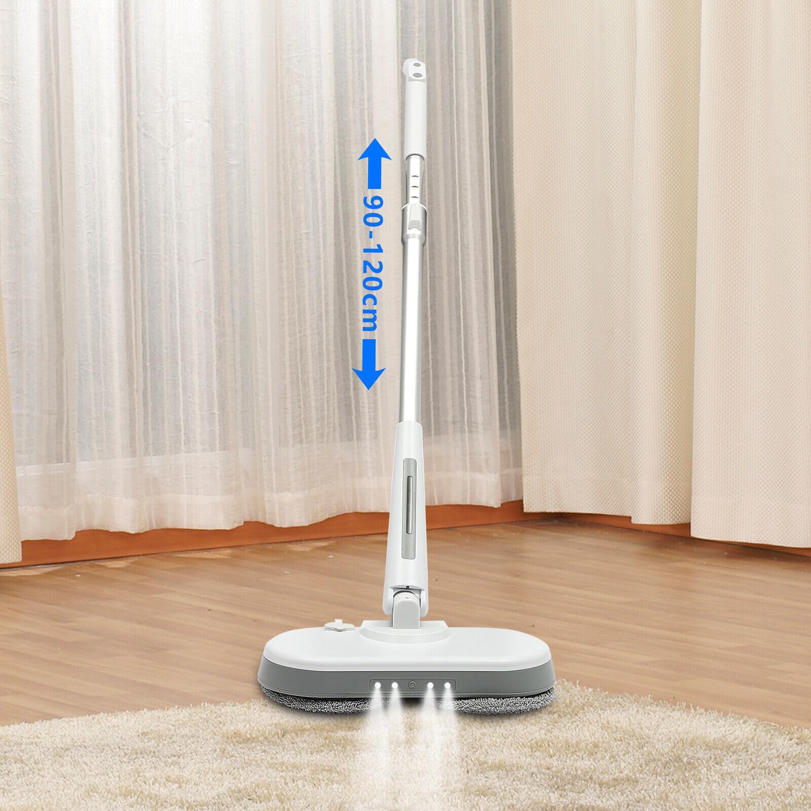 Mocio spray a batteria, con serbatoio dell'acqua da 350 ml e illuminazione a LED, senza fili, con funzione spray, 4 tamponi di pulizia inclusi