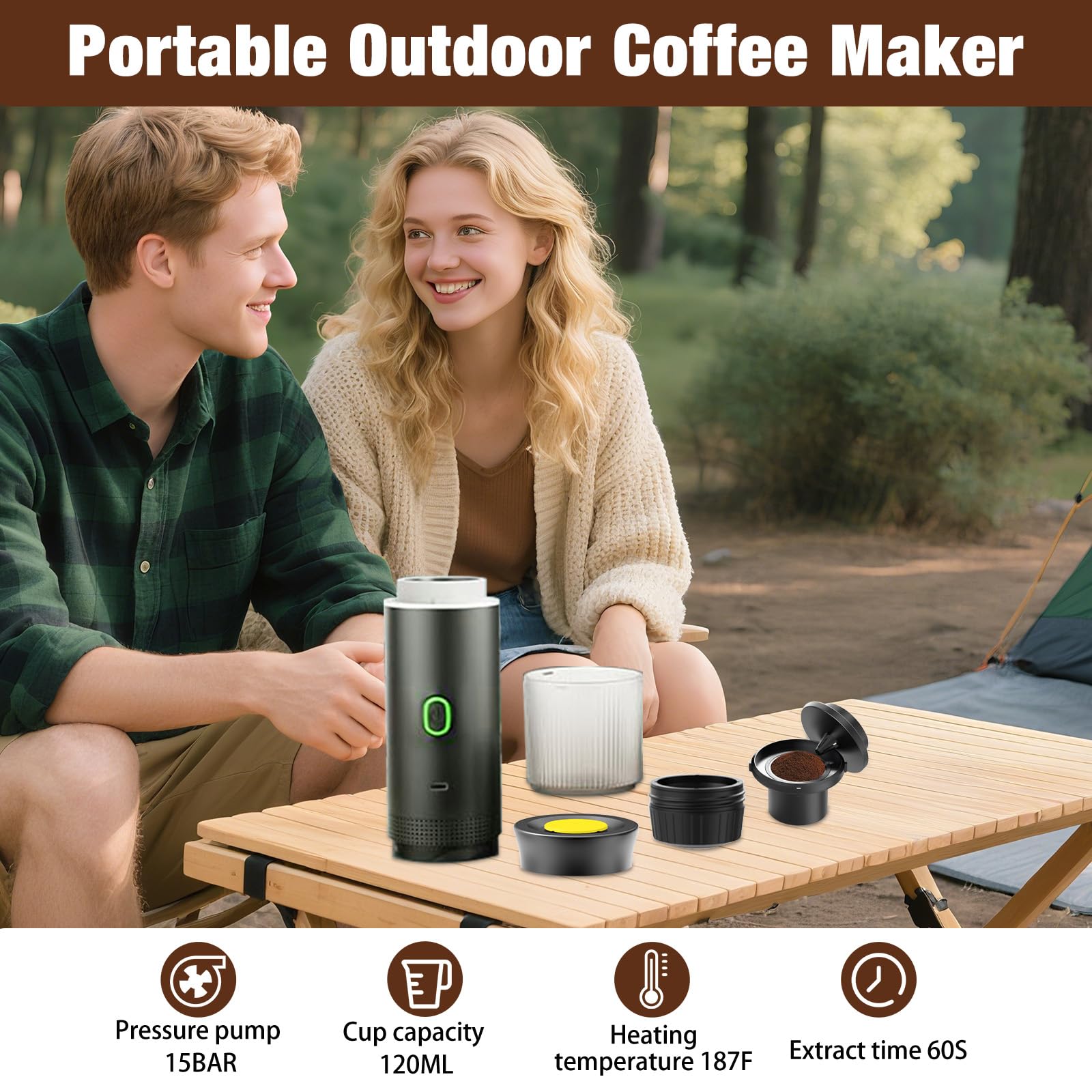 Cafetera portátil con batería, 12 V, máquina expresora de viaje para coche, mini máquina de cápsulas portátil para camping, viajes, autocalentamiento, 8 tazas, compatible con cápsulas