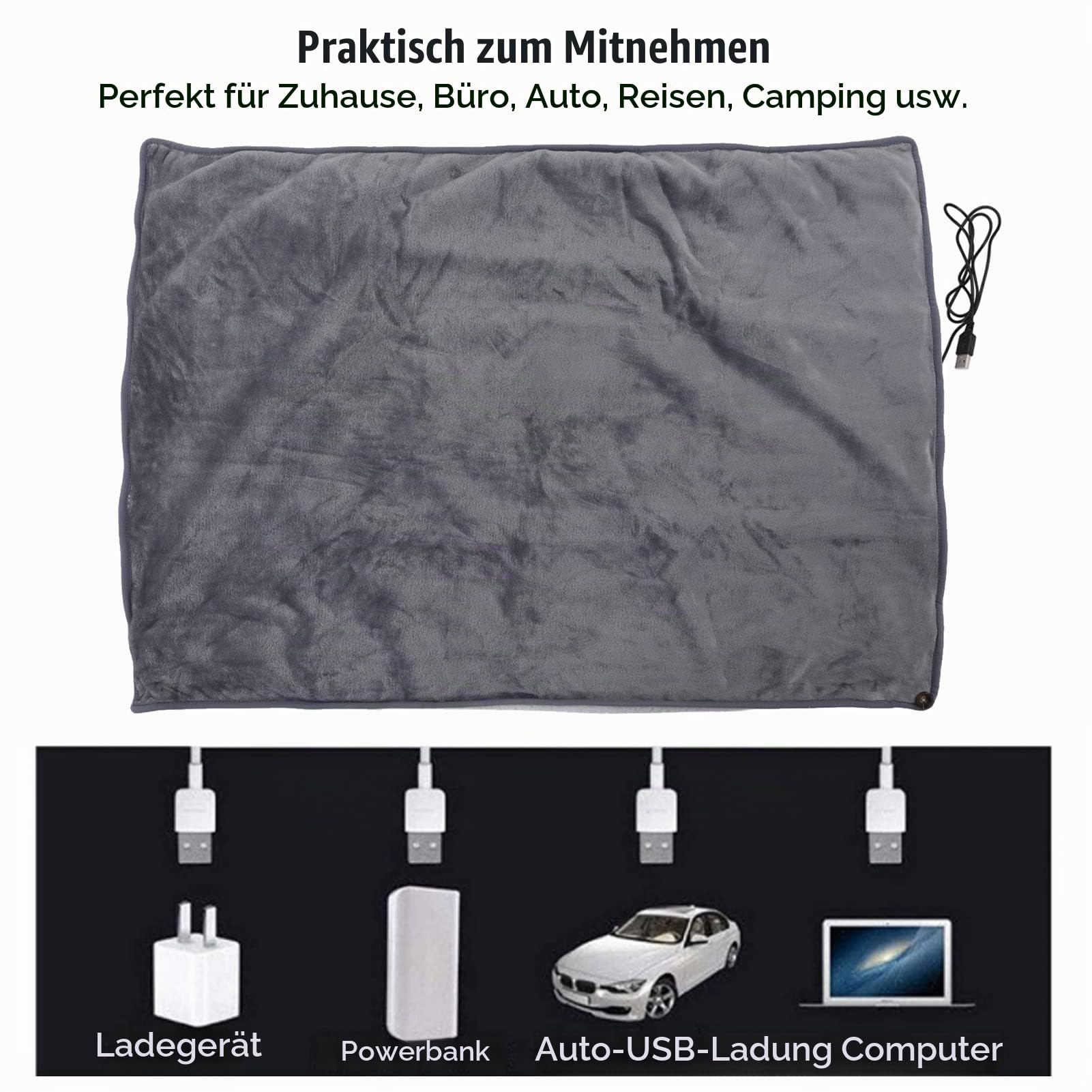 Elektrische Heizdecke, 100 X 70 cm, 5 V, Tragbare Luxus Flanell Heizdecke, USB Heizung, Elektrische Überwurfdecke für Zuhause, Büro, Auto, Reisen