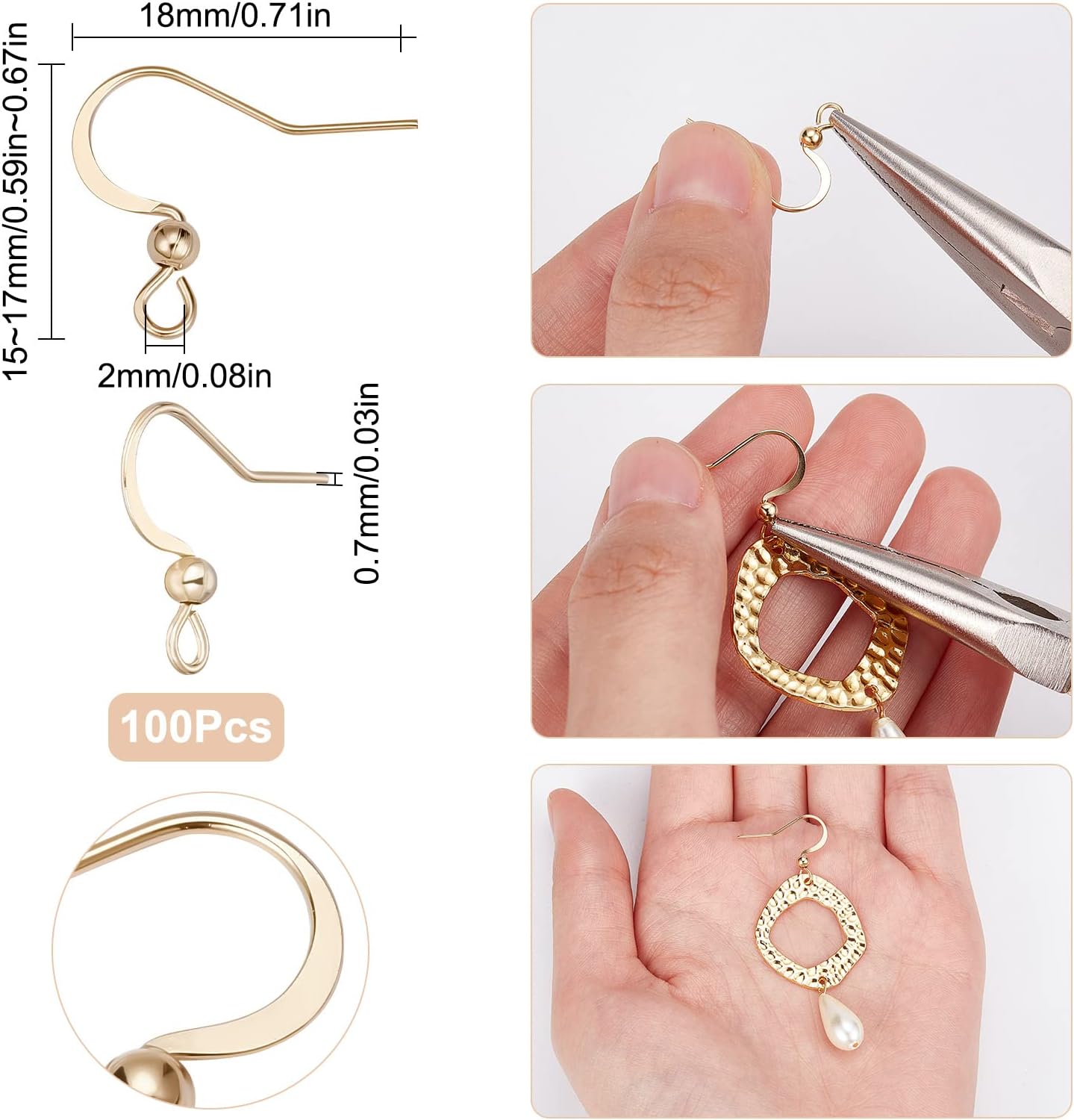 SUNNYCLUE 1 Box 100Pcs Real 18K Gold Plated French Earring Hooks Fish Hook Earrings Stainless Steel Ear Wires Ball Dot Earwires for Jewellery Making Women Adults DIY Dangle Earrings Crafts Supplies - Image 2