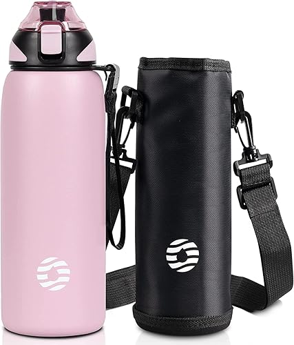 Fjbottle Botella de agua aislada con correa de 14 onzas, doble pared al vacío de acero inoxidable de boca ancha para bebidas deportivas que mantiene