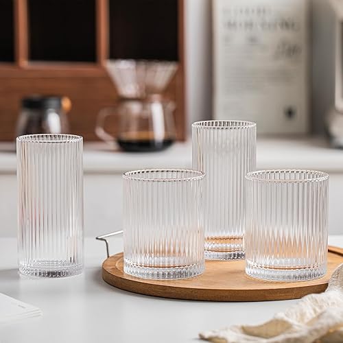Miniatura 8 de INSETLAN Juego de 8 vasos de cristal vintage  4 vasos altos de 12 onzas, 4 tazas de vidrio de 14 onzas, vasos de cóctel de cristalería acanalados,